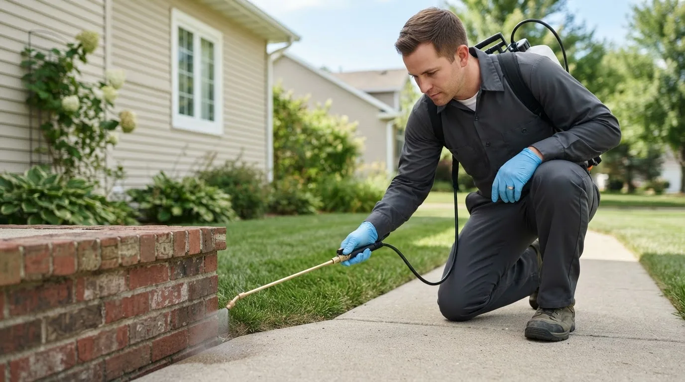 Pest control technician treating a home near Newland, NC